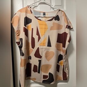 Emery Rose Abstract Print Blouse in Cream and Brown, XL